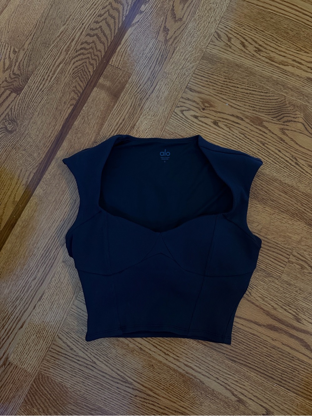 ALO Yoga Black Ribbed Square-Neck Crop Top
